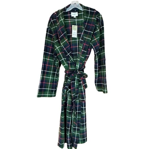 NWT Goodfellow Mens Fleece/Fuzzy Plaid Tartan Bath Robe Pockets Green/Blue Small - Picture 1 of 6